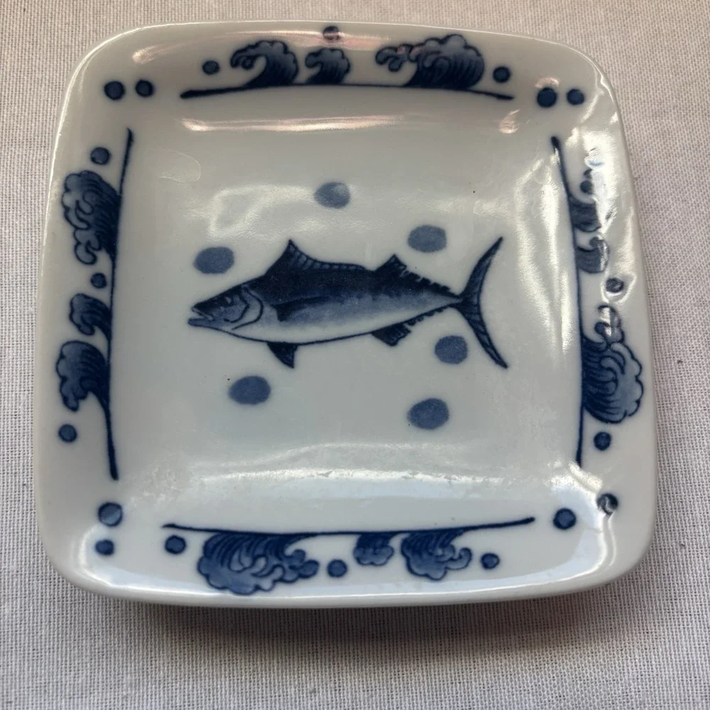 Japanese Blue & White Square Plate with Fish Motif and Japanese Marking 3.5 inch